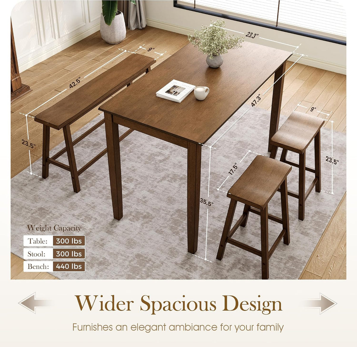 Angled layout shot with dimension callouts for the bar table, bench and stools in a studio setting
