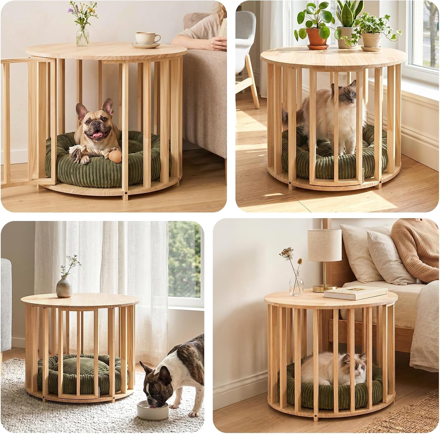 Four lifestyle photos showing the round wooden pet crate as an end table with small dogs and cats inside.