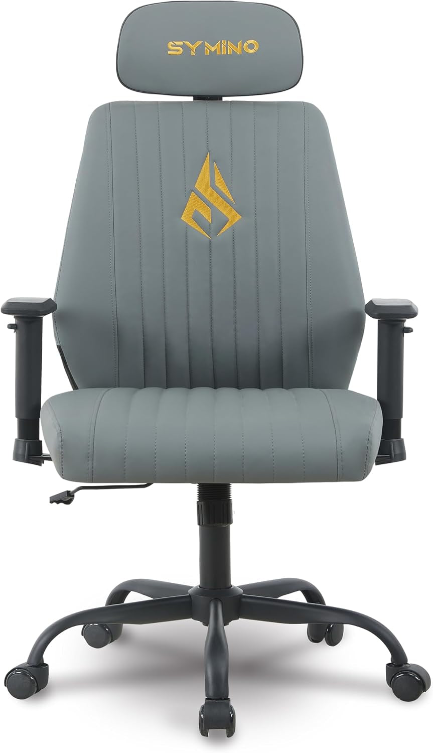 Front view of a light gray high-back office chair with vertical stitched panels and adjustable armrests.