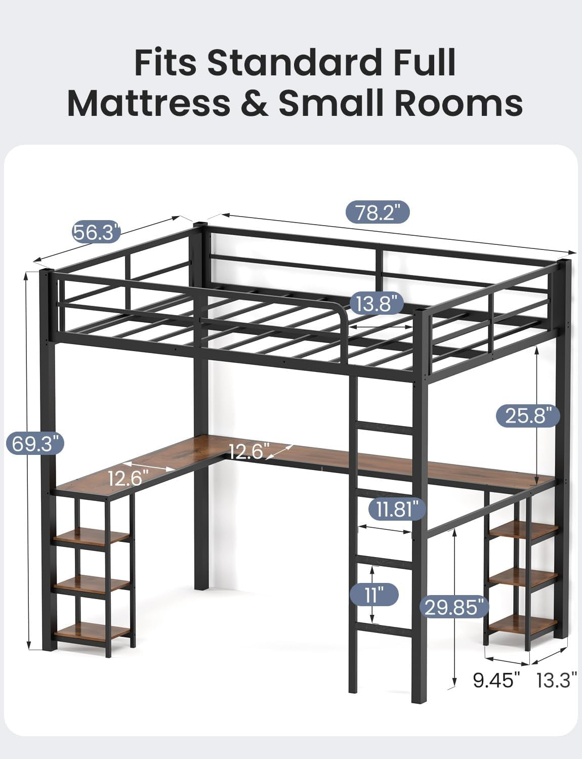 Rendered black loft bed showing annotated overall dimensions and shelf/desk measurements.