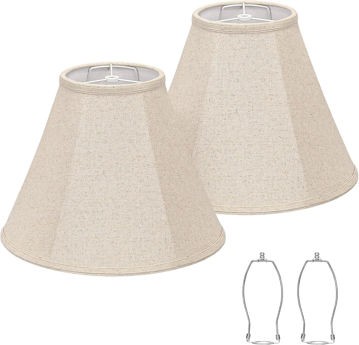 Beige linen-blend bell lampshades front view with two metal harp holders on white background