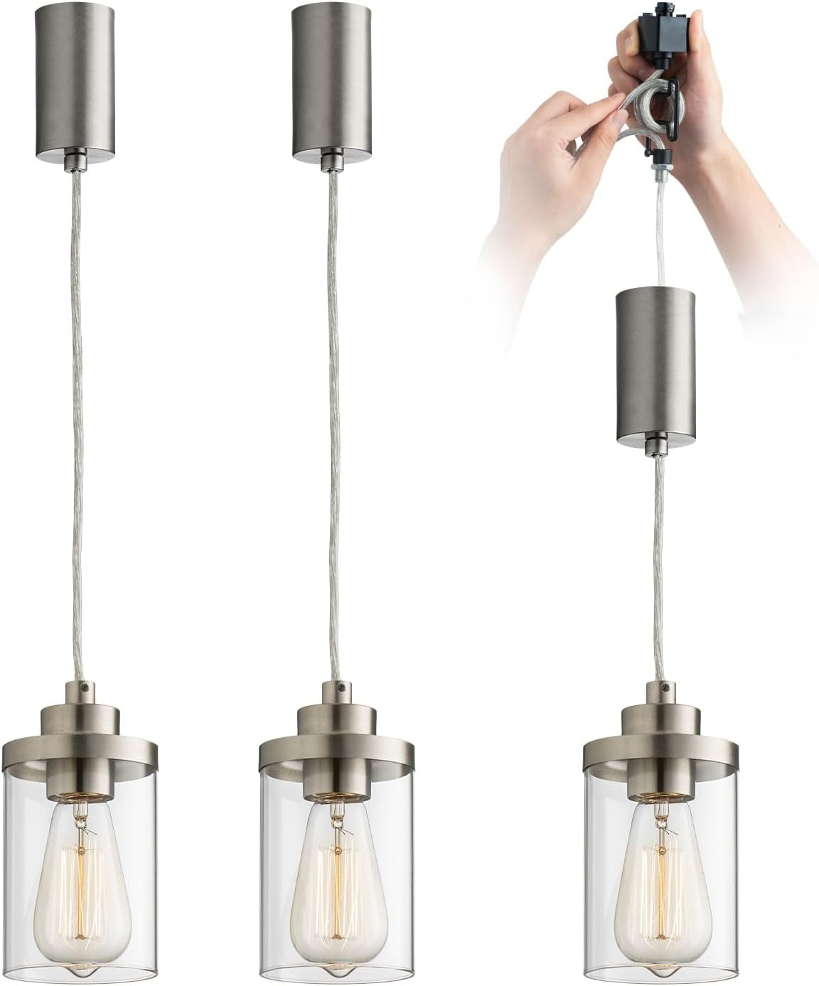 Three brushed-nickel H-type track pendants with clear cylindrical glass shades and visible filament bulbs, with hands fitting
