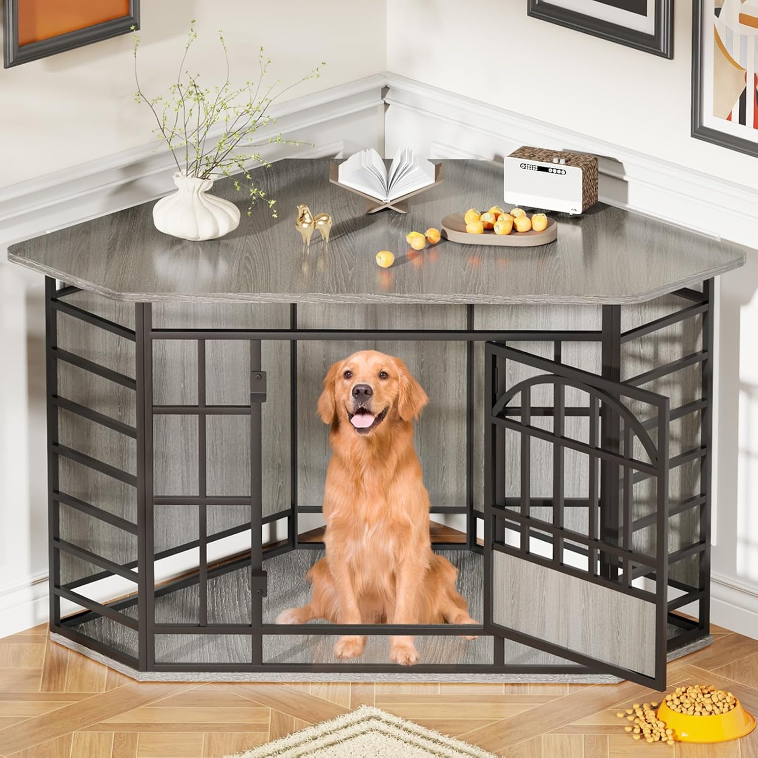Grey wood-top corner dog crate with iron bars front view showing a golden retriever inside and decorative items on the top
