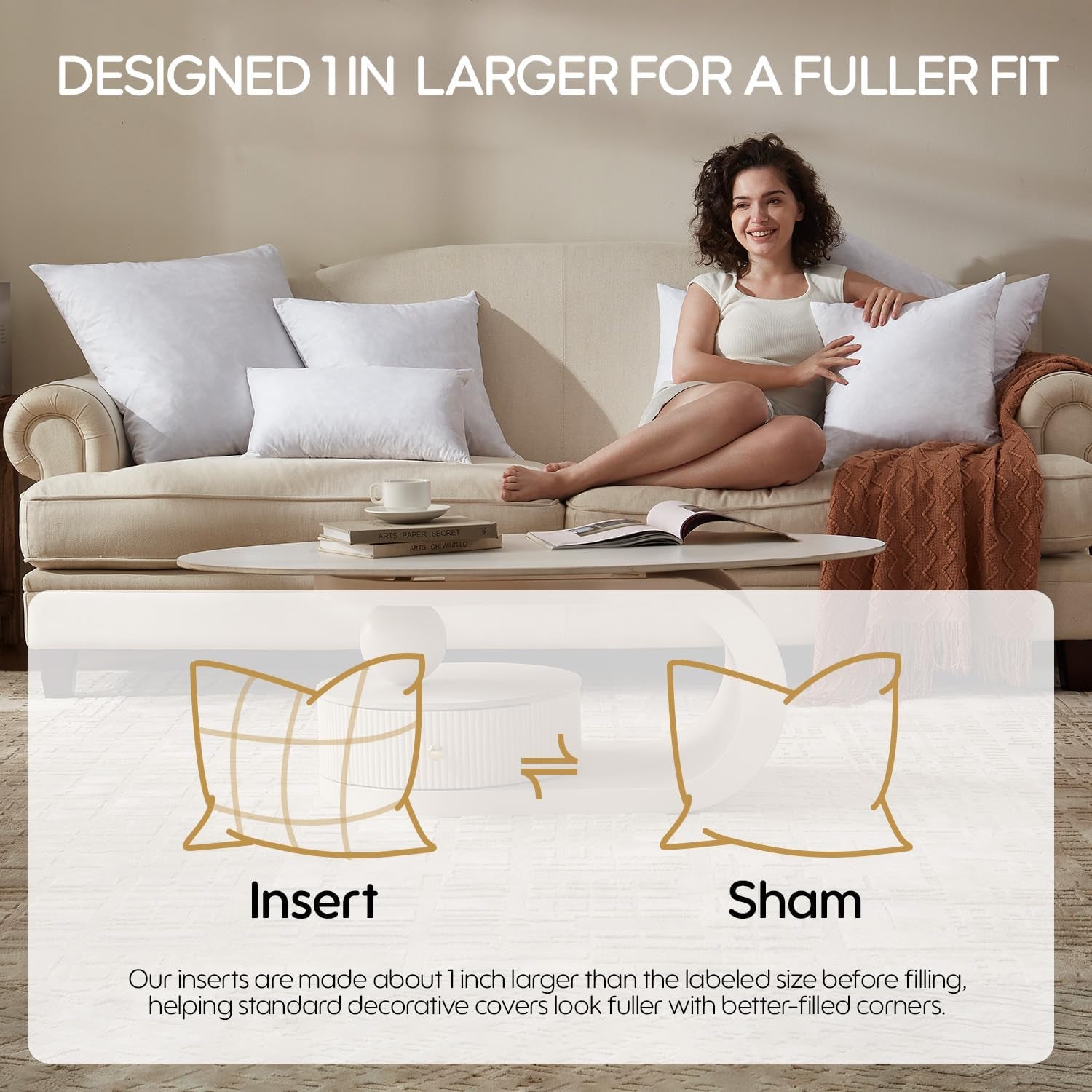 Living room styling with four white pillow inserts on a sofa and a woman holding one to show fuller fit