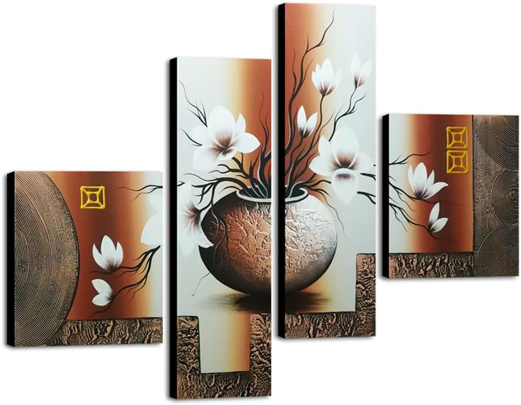 Four-panel hand-painted floral oil canvas with brown vase and white flowers, front view showing painted edges.