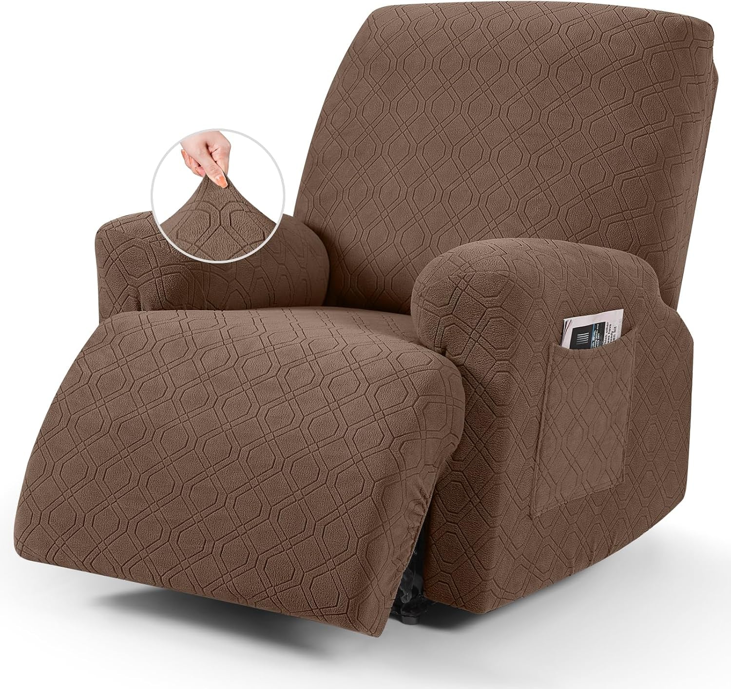 Brown textured recliner cover on a reclining chair with footrest extended and arm pocket; inset shows hand stretching the