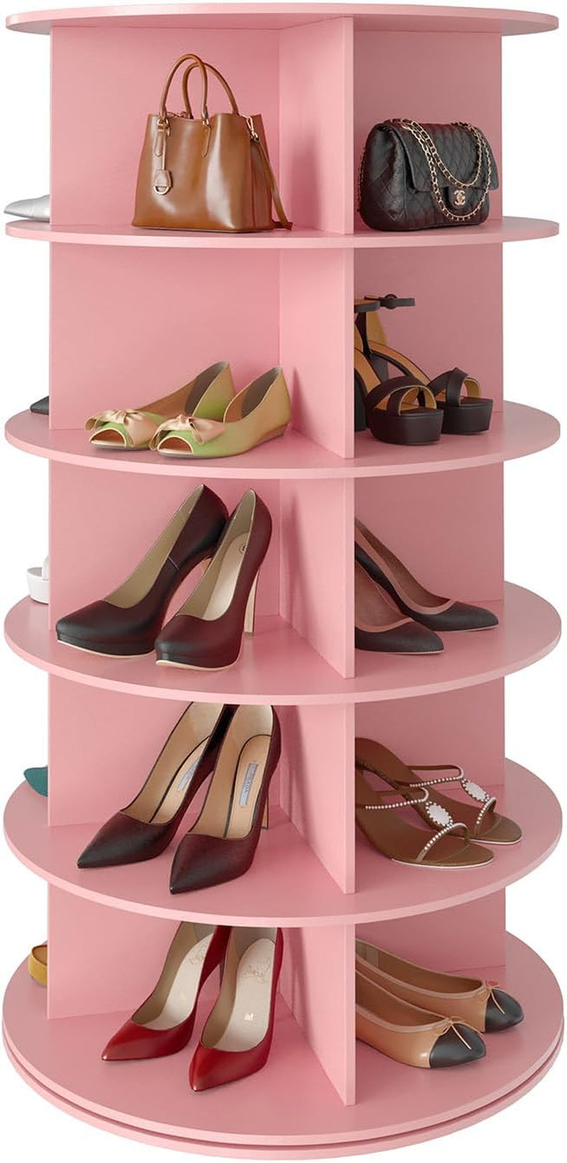 Tall pink 7-tier rotating shoe tower shown straight-on with shoes and bags in each compartment