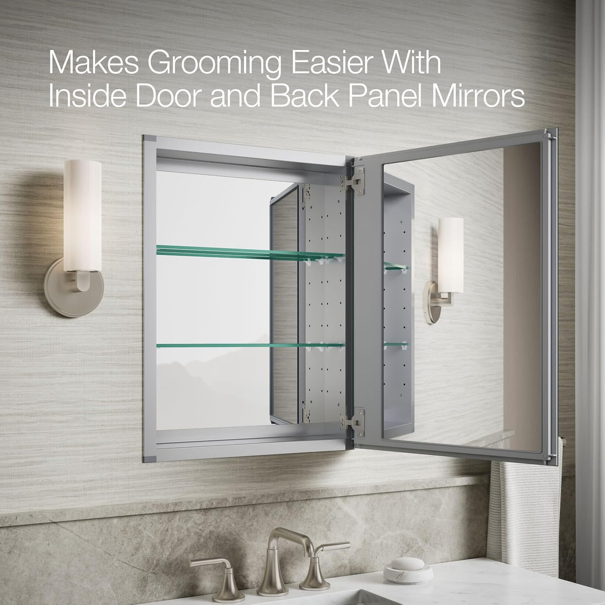 Medicine cabinet door swung open showing the interior mirrored back, metal hinge, and two glass shelves inside.