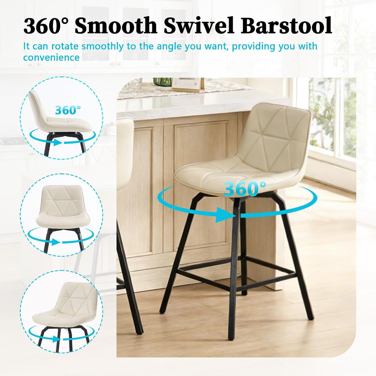 Stool at an island with blue 360° arrows illustrating the chair's smooth swivel function.