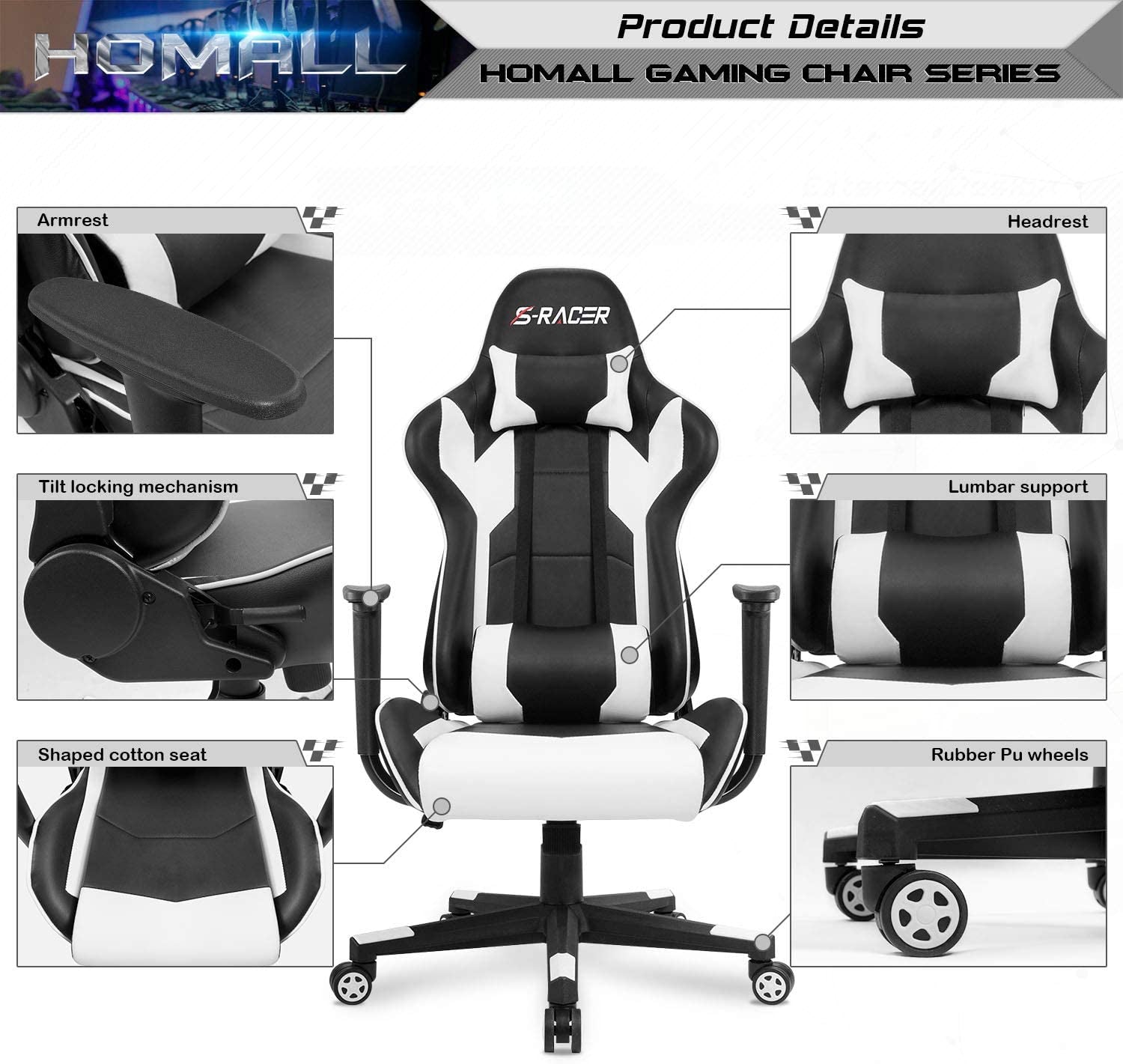 Front-facing product diagram of a black-and-white racing-style office chair with labeled close-up callouts