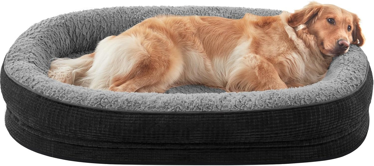 Golden retriever reclining in a gray oval bolster dog bed with black exterior.