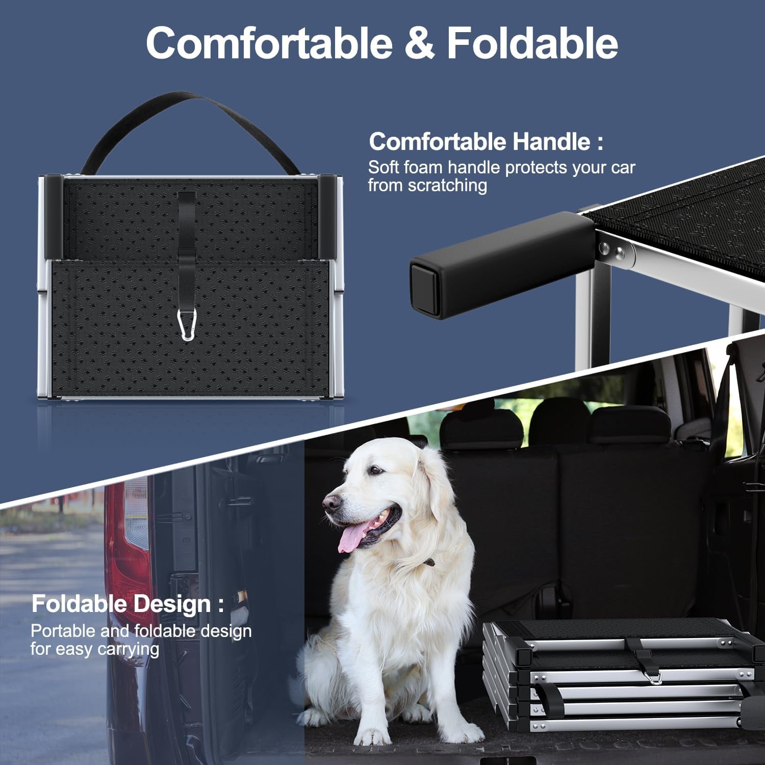 Close-up of the soft foam carry handle and the folded aluminum 4-step dog stairs beside a golden retriever in a vehicle
