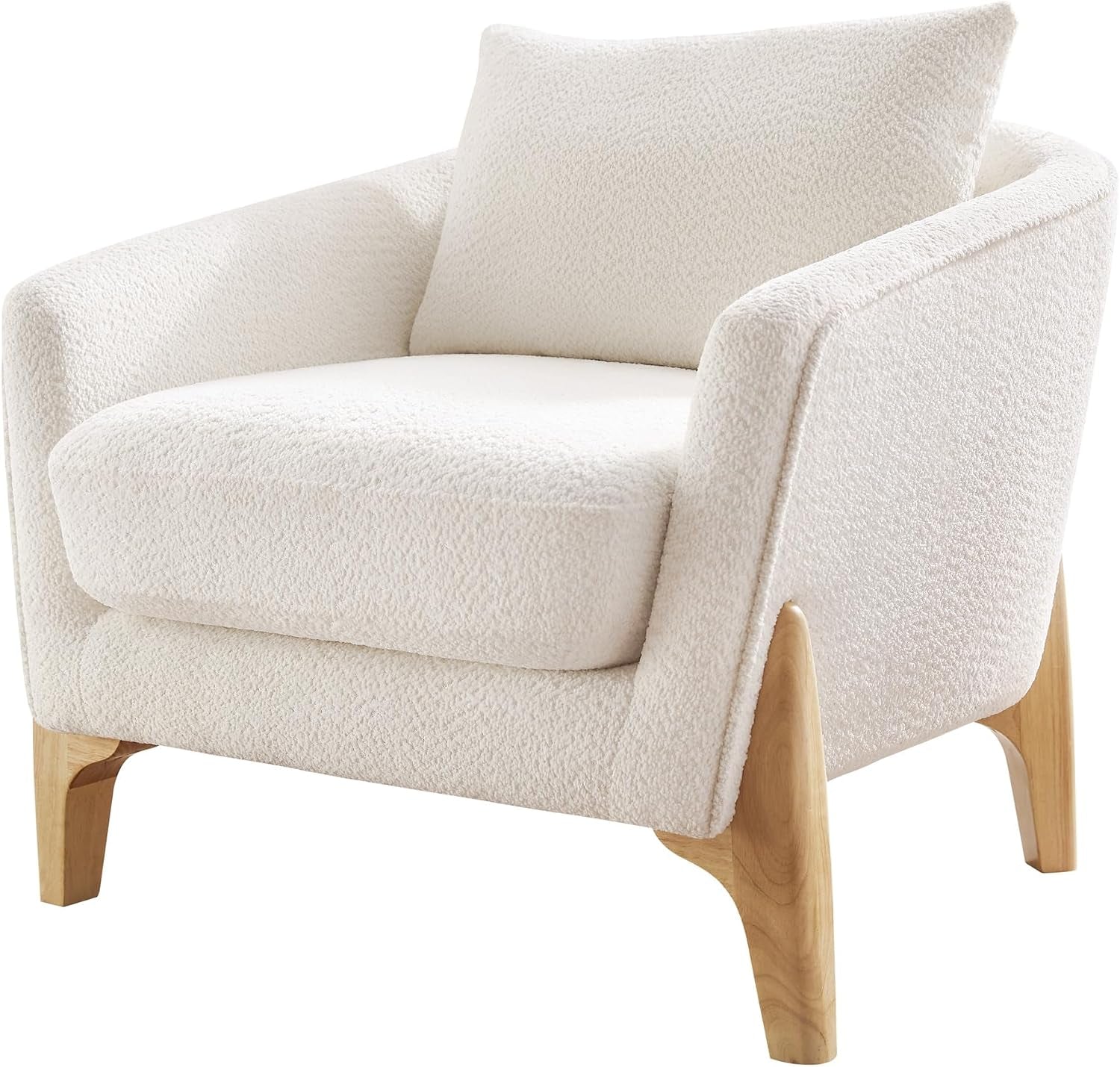 Close three-quarter view of the white fleece accent chair showing cushion and arm profile