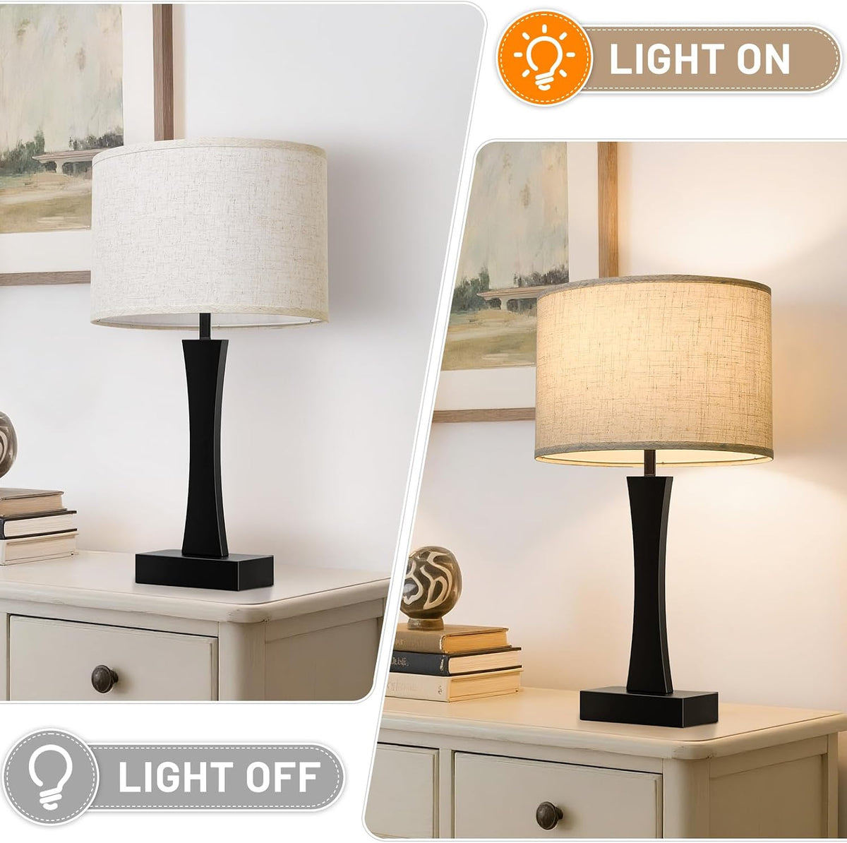 Split view of the beige lampshade shown unlit and lit on a black table lamp