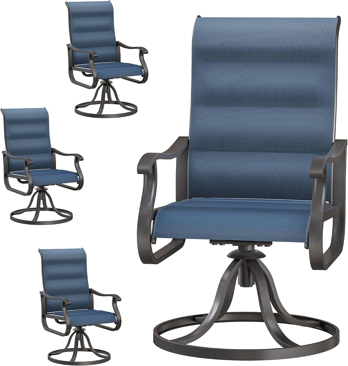 Close-up of the same swivel rocking patio chair in blue fabric with three smaller blue chair views