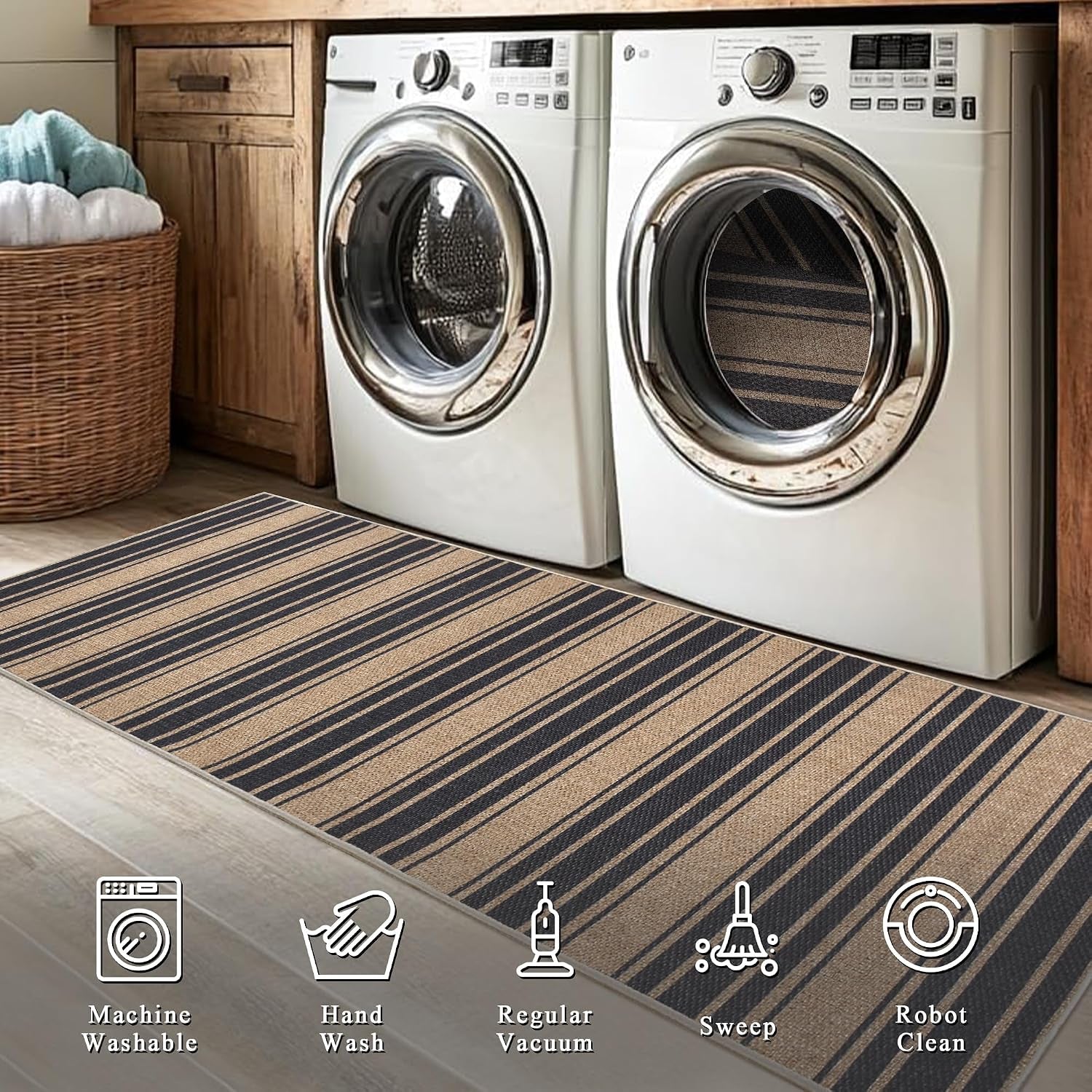 Runner-style striped rug placed in front of a front-loading washer and dryer on a light floor.