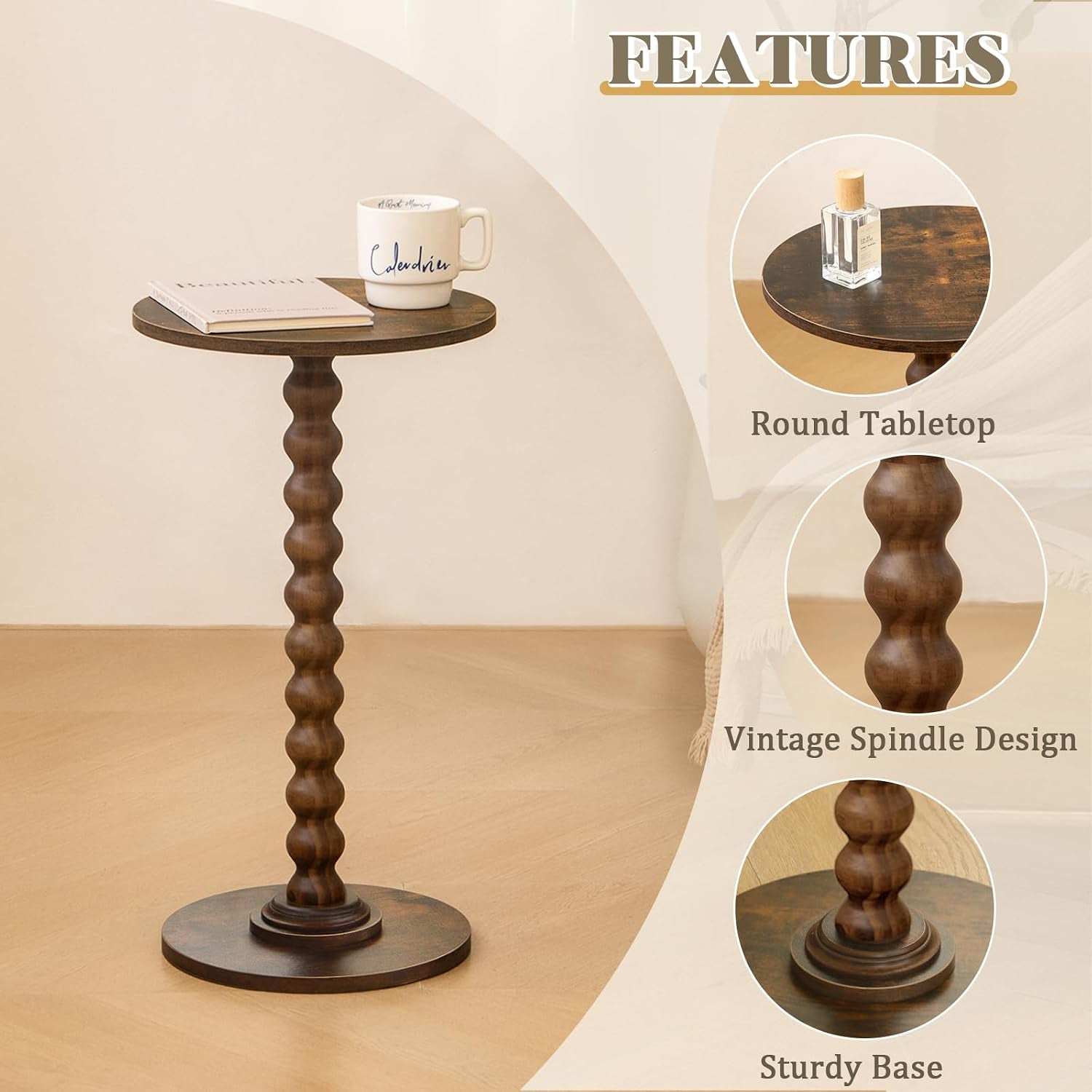 Full view of round side table highlighting round tabletop, vintage spindle design and sturdy base