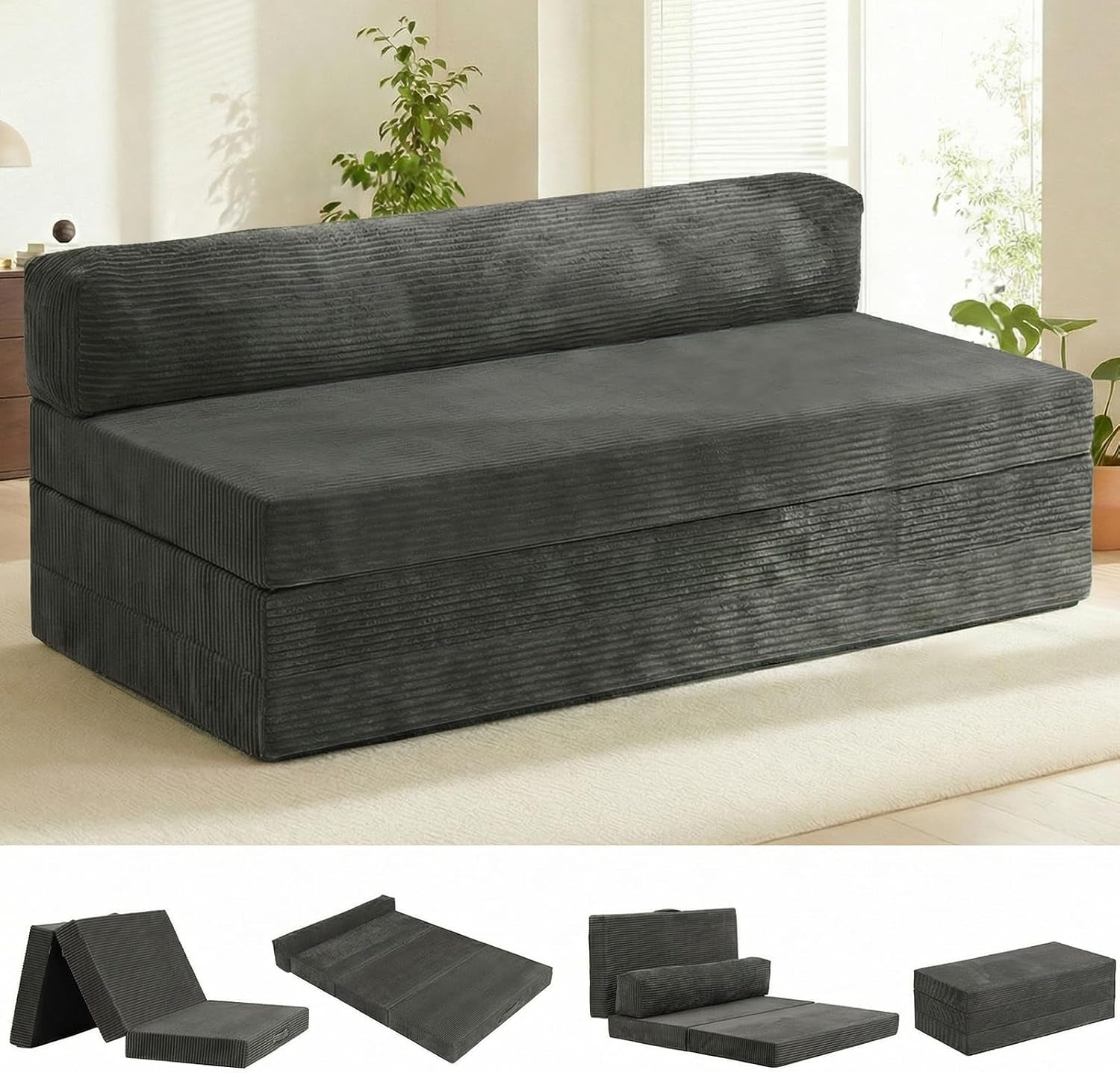 Gray corduroy foldable loveseat shown as a low sofa with tubular back cushion in a bright room