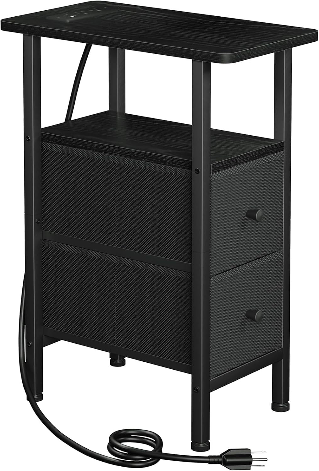 Black narrow side table with fabric drawer fronts on a clean white background, front angled product view
