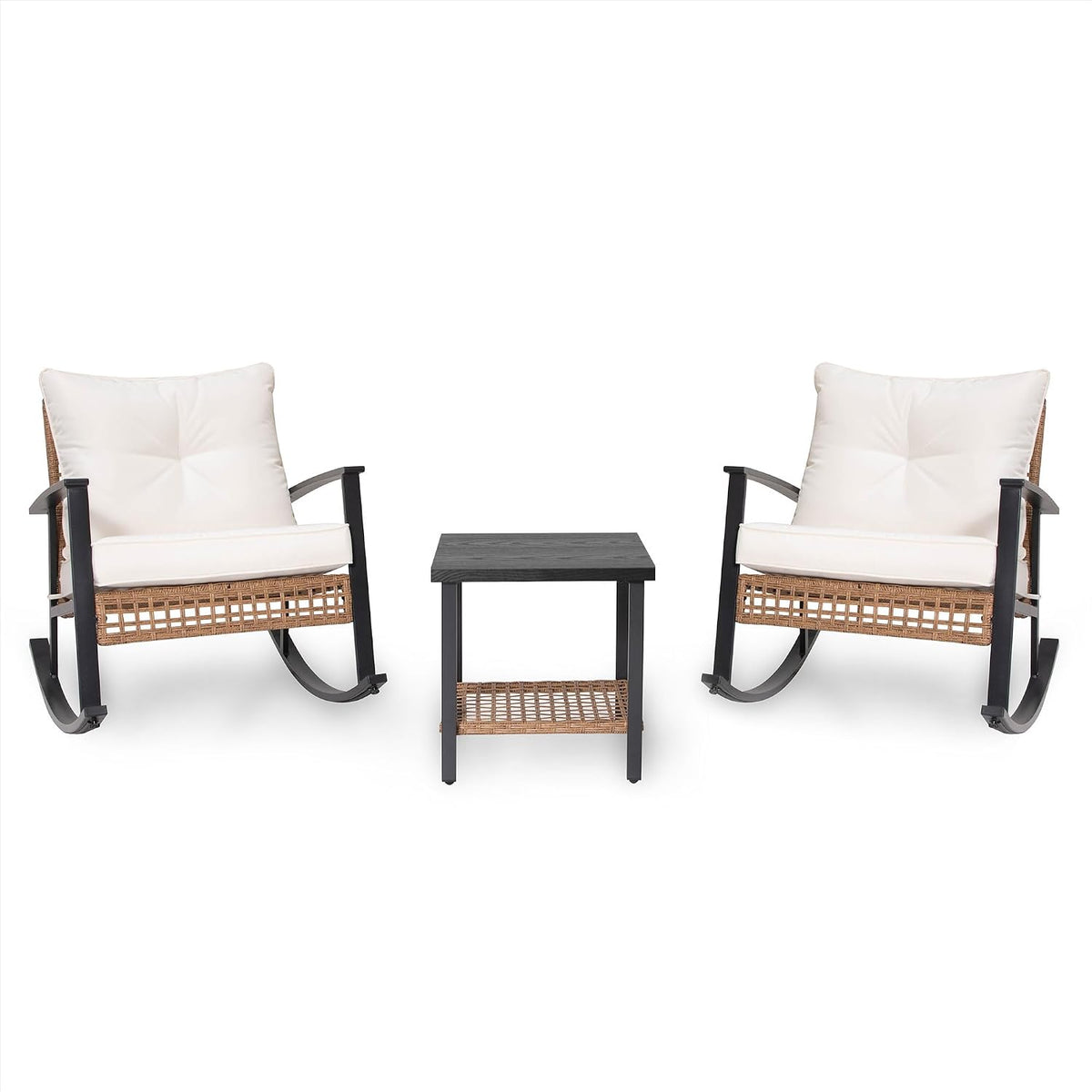 Studio shot of two rocking chairs with off-white cushions flanking a square two-tier coffee table on white background.