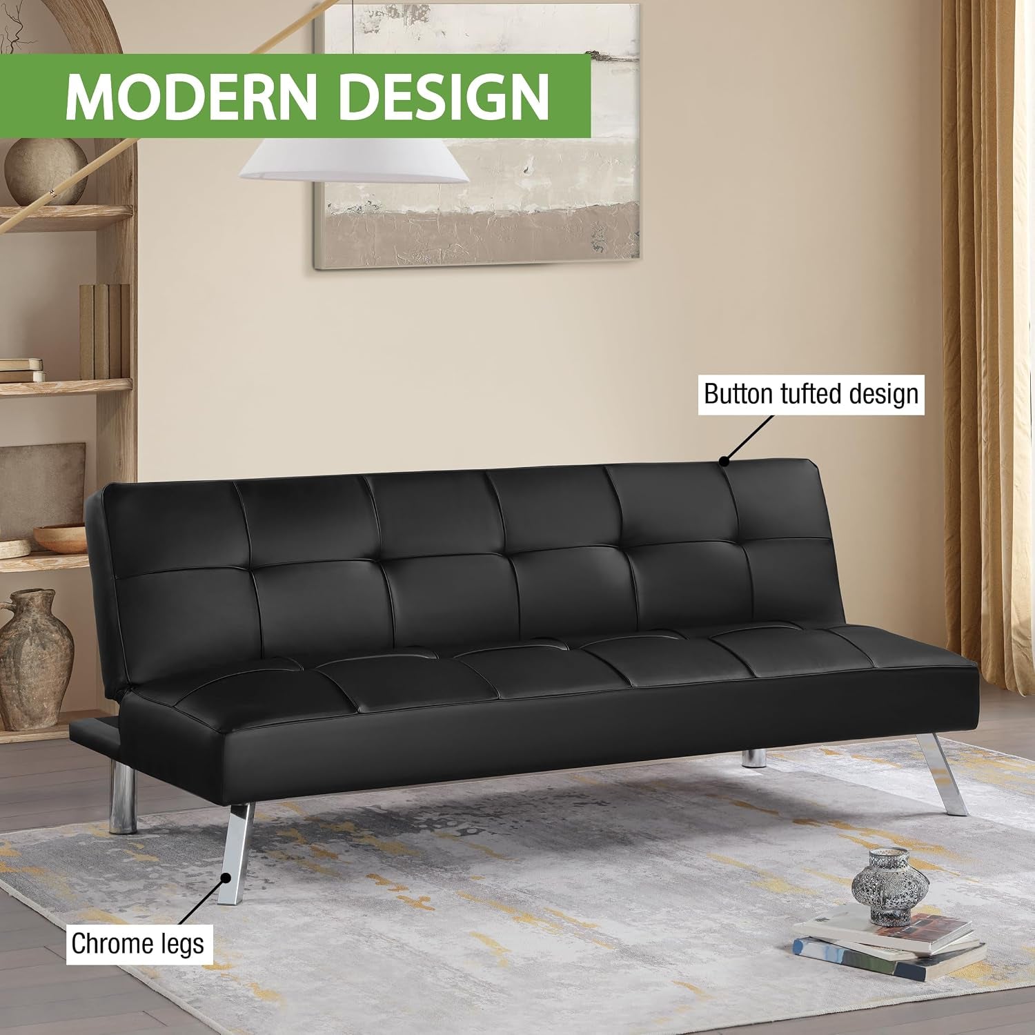 Black faux-leather futon sofa shown upright in a styled living room with chrome legs