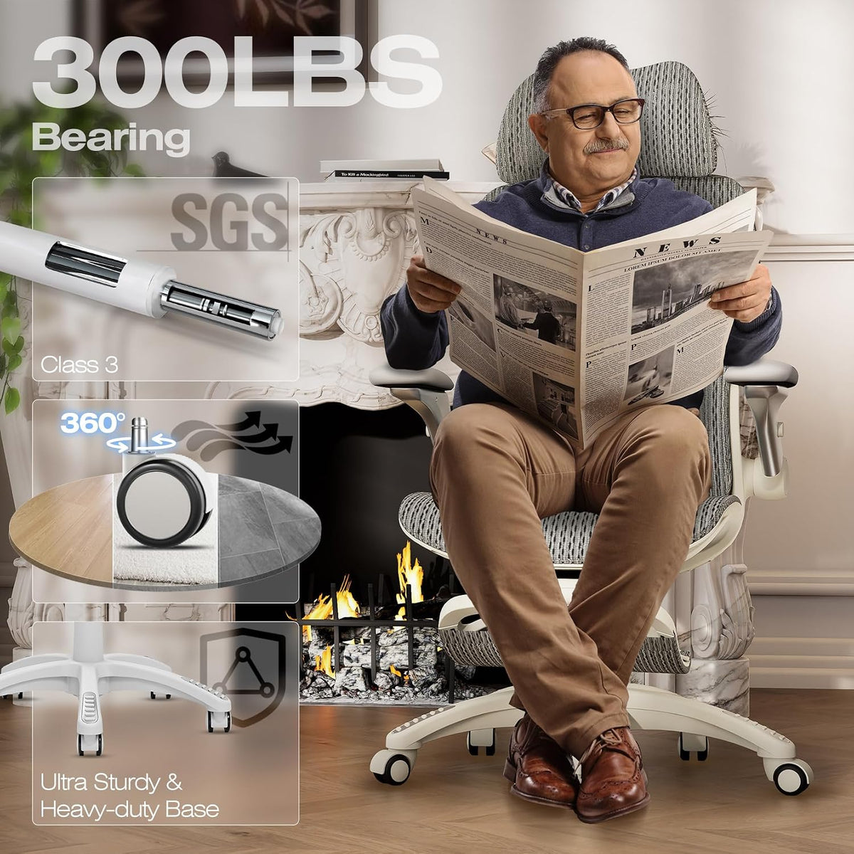 Man reading a newspaper while seated on a light grey mesh chair showing wheelbase and sturdy base