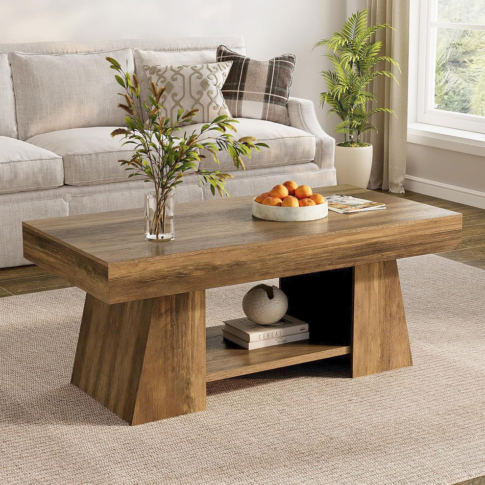 Rectangular retro brown wood coffee table front-left angled view with lower shelf and decorative items