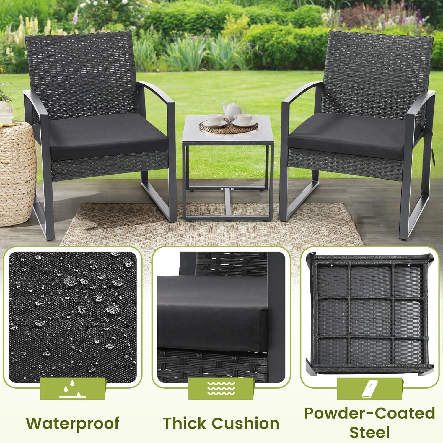 Outdoor setting showing two rattan chairs and glass-top table with close-ups of cushion waterproofing and frame