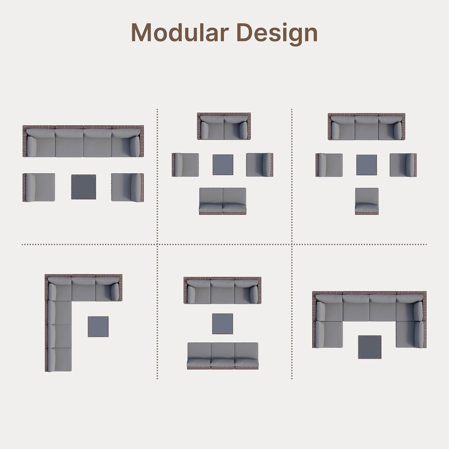 Top-down modular layout options showing multiple seating configurations and a central square coffee table.