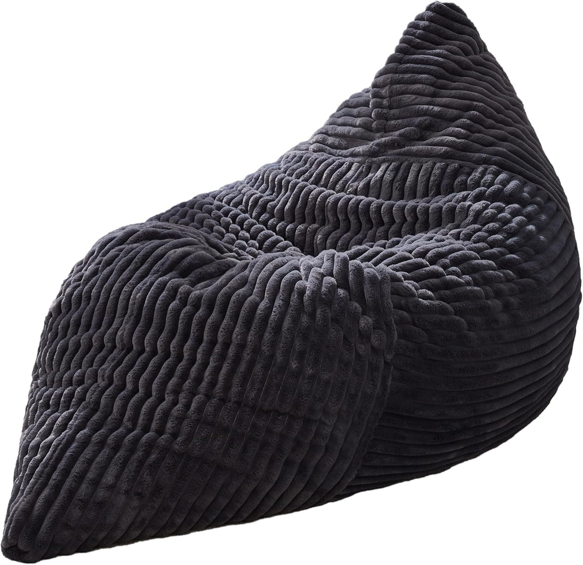 Angled studio view of a large dark charcoal ribbed memory-foam bag chair.