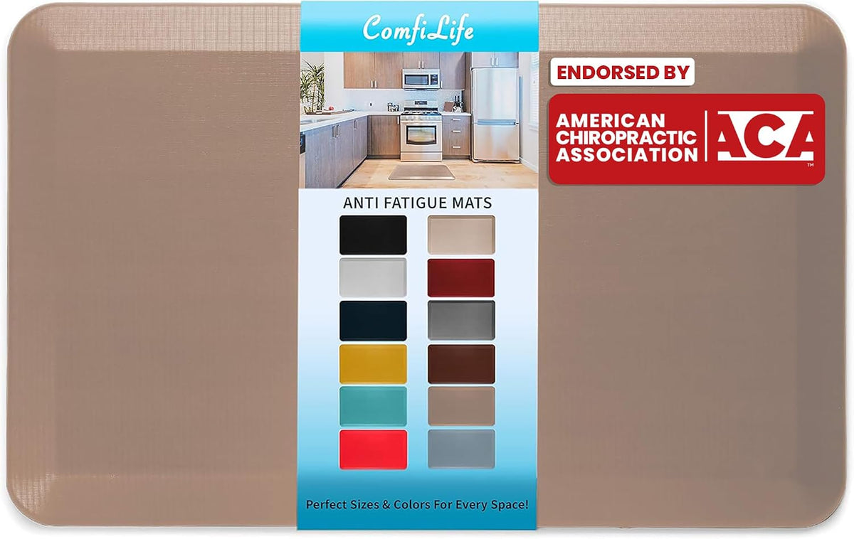 Tan rectangular anti-fatigue mat shown flat with a centered label displaying color swatches and a red endorsement badge