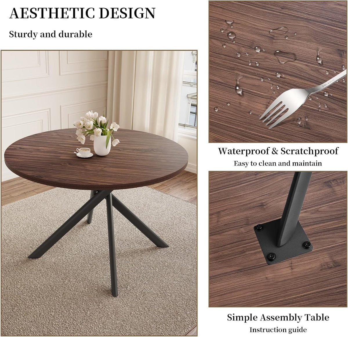 Walnut round tabletop on black metal pedestal base shown in a room with inset closeups of the base and mounting plate