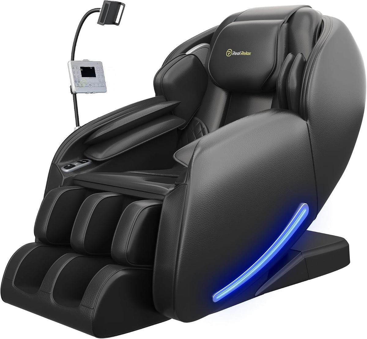 Three-quarter view of a black massage chair with LED side accent, leg cradle and attached phone/controller arm.