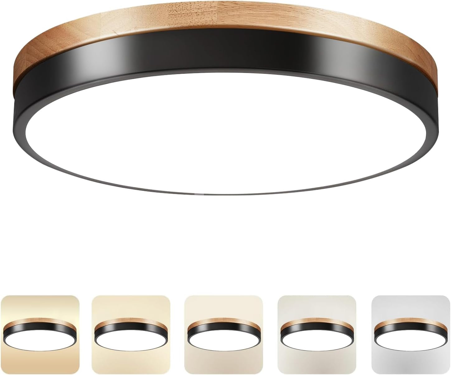 Round flush-mount ceiling light with wood trim and black metal ring shown from an angled underside view.