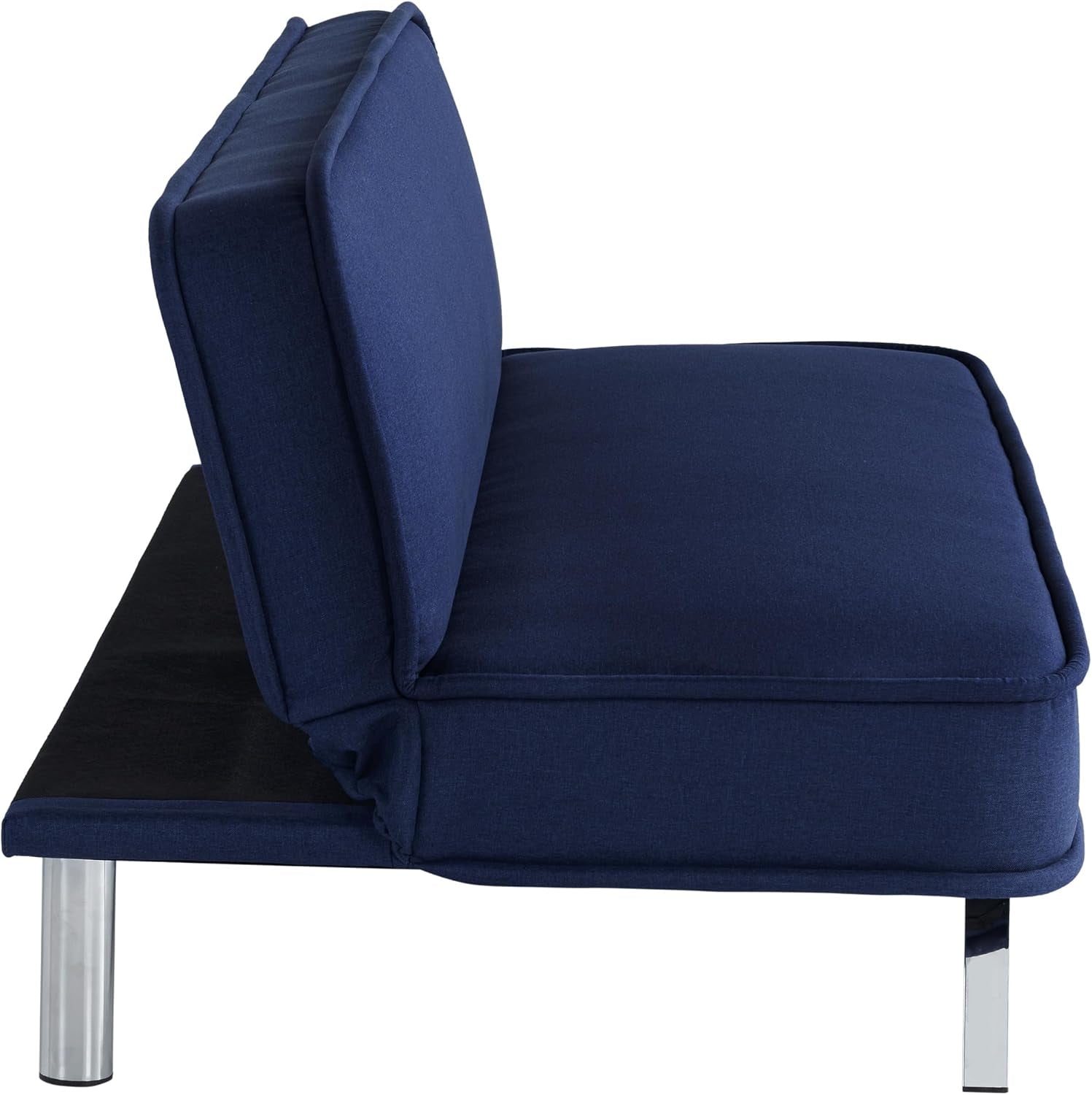 Side profile of navy futon sofa showing seat and back cushions and chrome leg detail