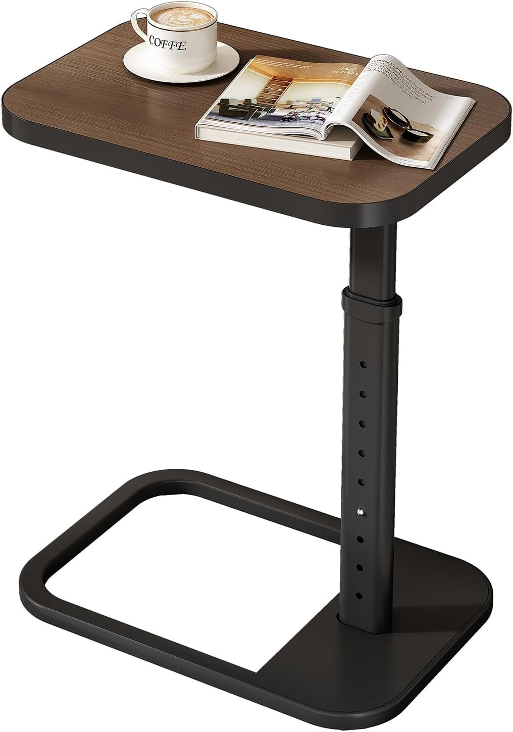 Isolated brown wood-top C-shaped end table with black adjustable column on white background