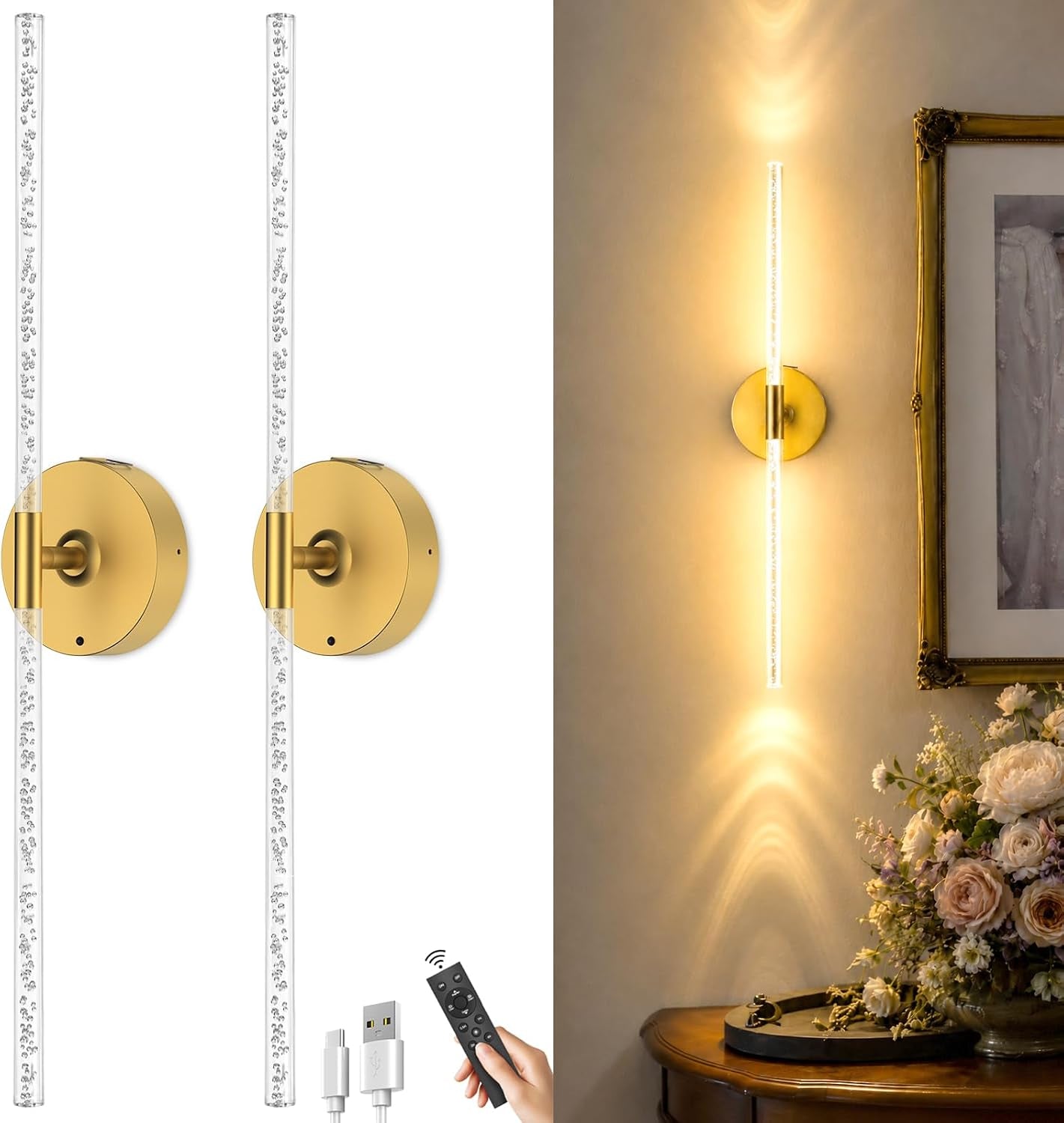 Left: two gold sconce fixtures on white; right: one lit gold sconce casting warm light above a table with flowers.