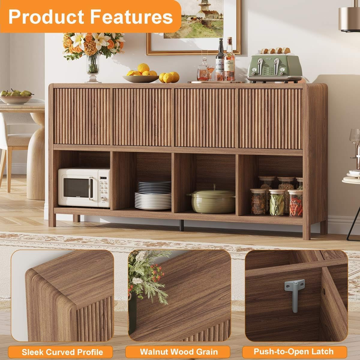 Display of product features showing sleek curved profile, walnut wood grain finish, and push-to-open latch details