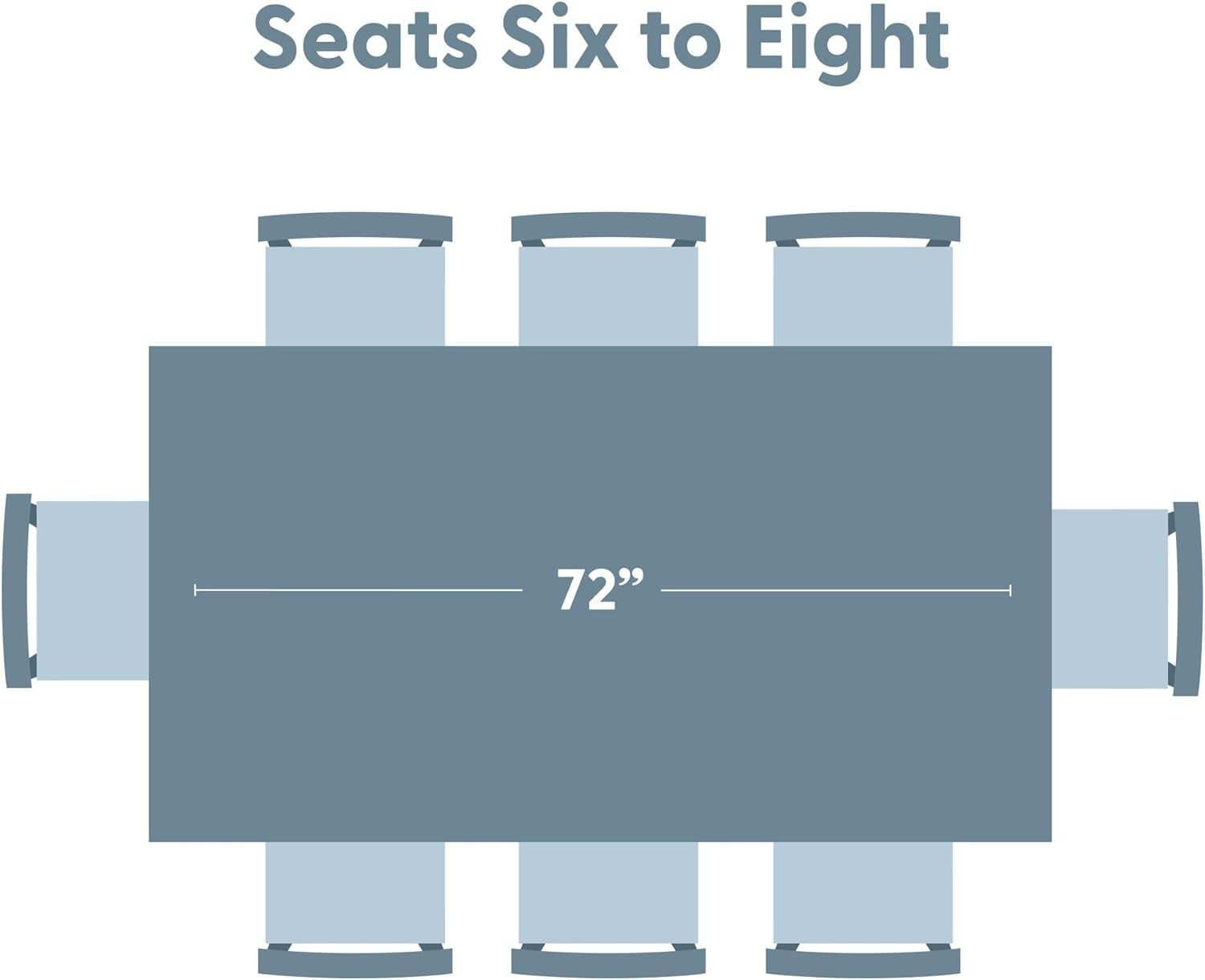 Top-down graphic of a rectangular table shown with chairs around it, illustrating seating for six to eight.