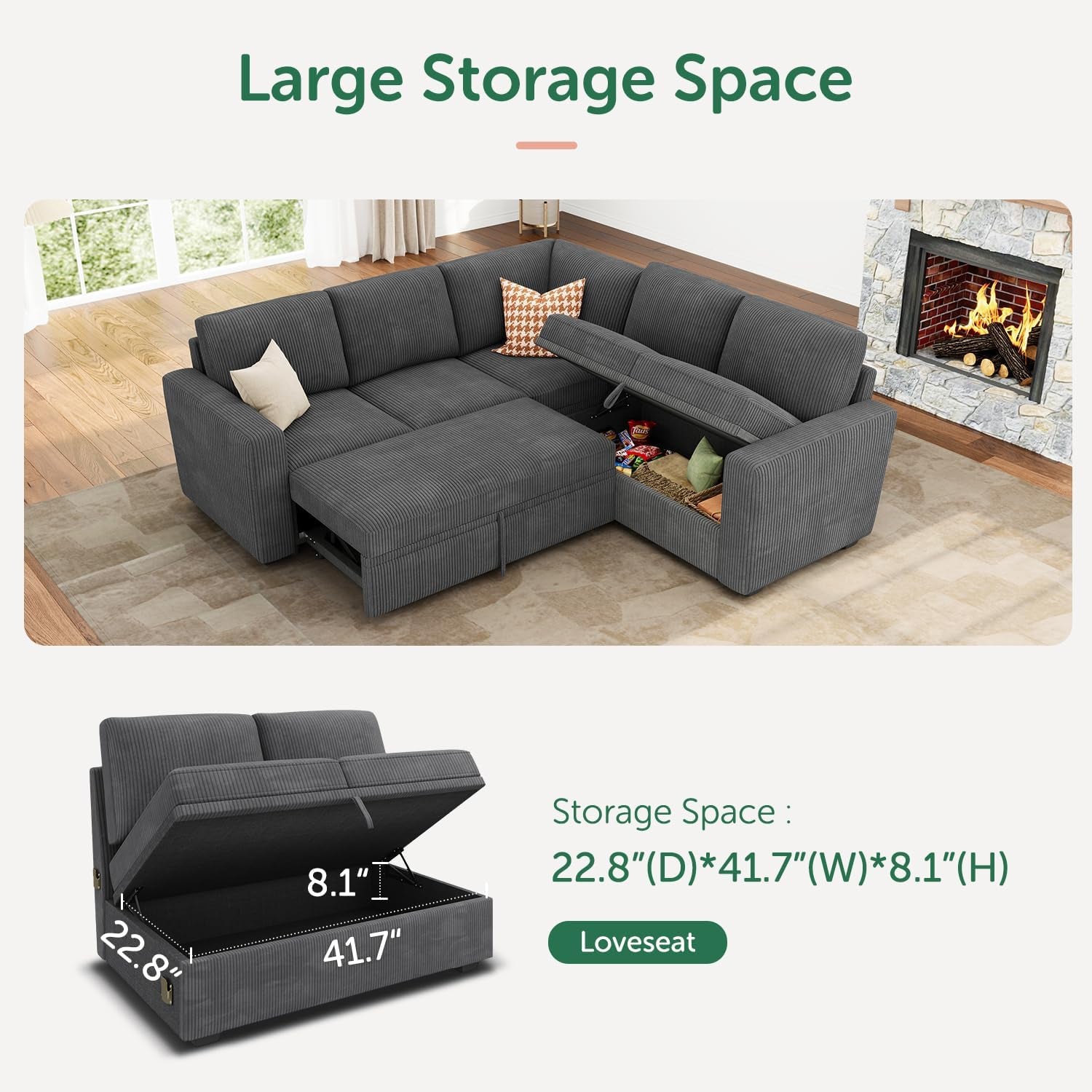 Modular Sectional Sleeper Sofa with Pull Out Bed, Corduroy L Shaped Couch with Storage Seats, Convertible Sectional Couches for Living Room, Dark Grey
