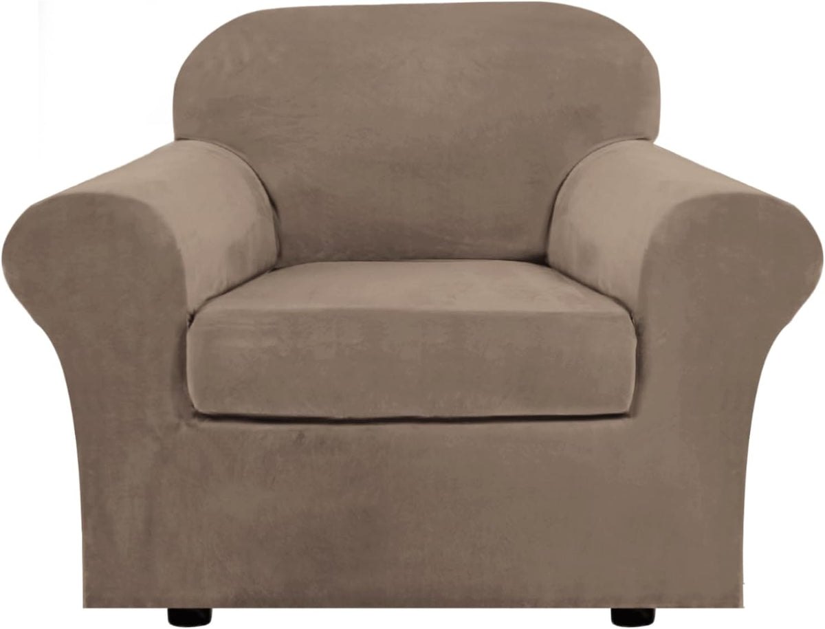 Front-facing view of a single-seat armchair covered in brown plush stretch slipcover.