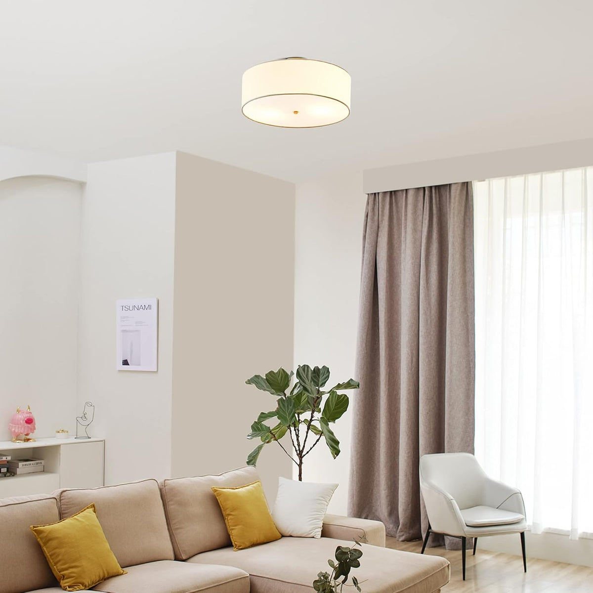 2-light flush mount with white shade illuminating a living room ceiling from a distance