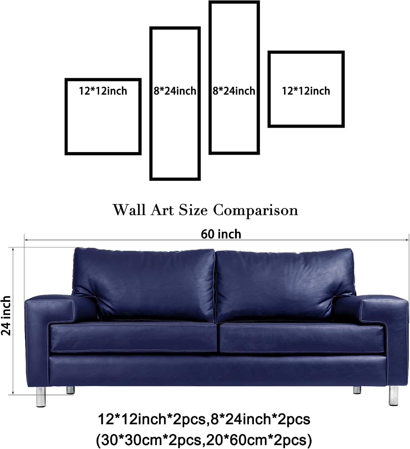 Diagram of four-panel layout above a blue sofa showing panel outlines and overall width for scale.