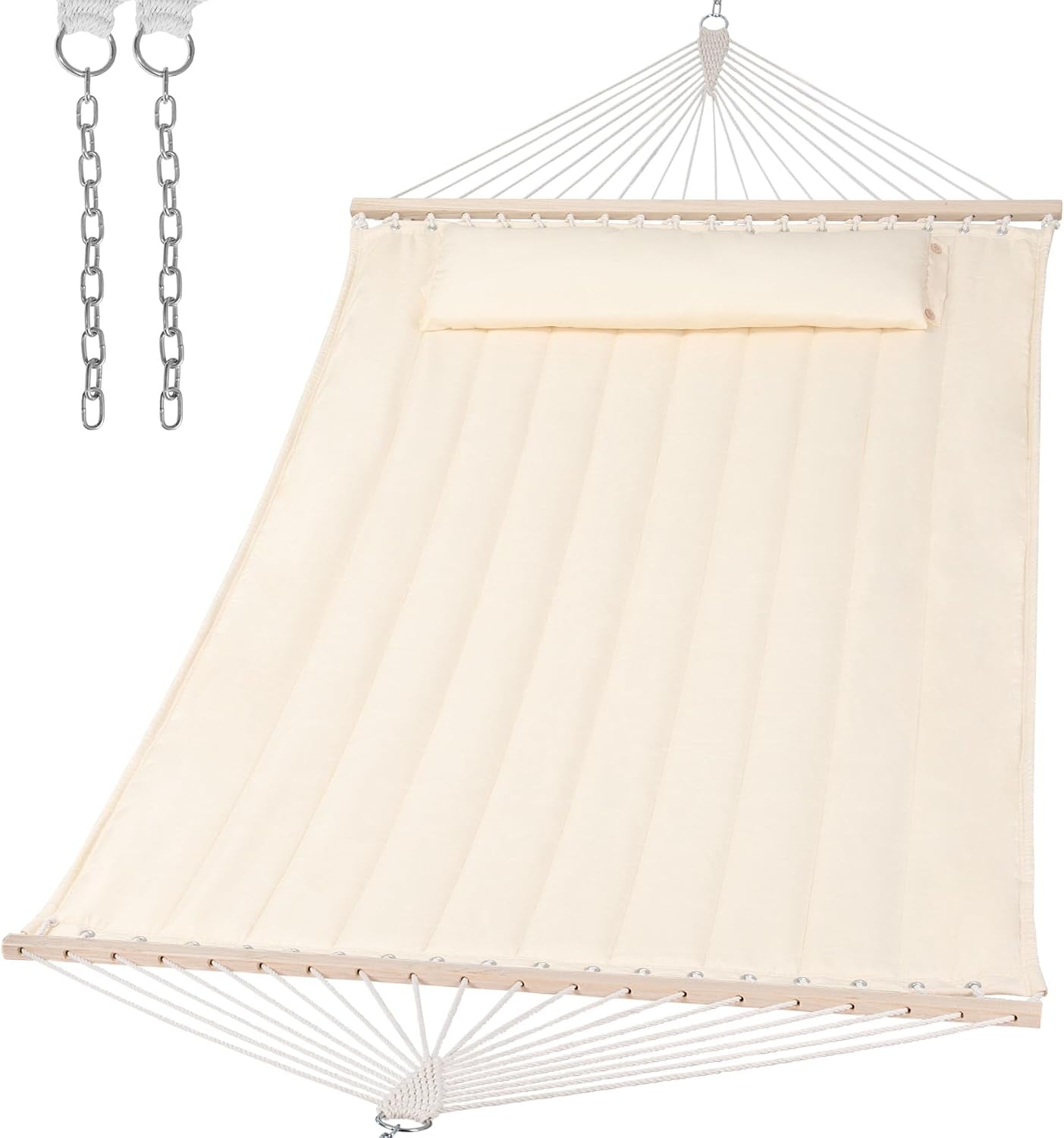 Cream quilted padded double hammock laid flat with hardwood spreader bars and a long bolster pillow, chains at top left