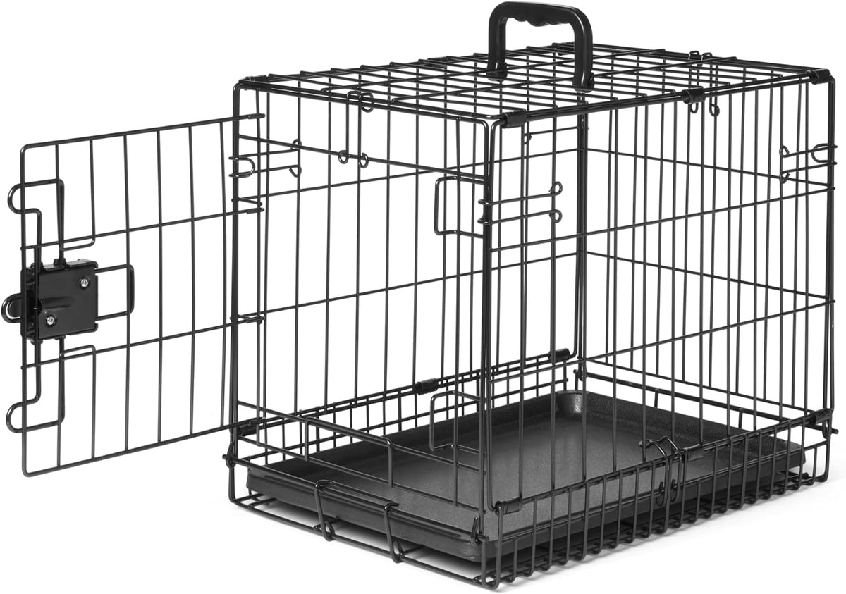 Close view of the crate's top showing a molded carry handle and the wire grid above the tray.