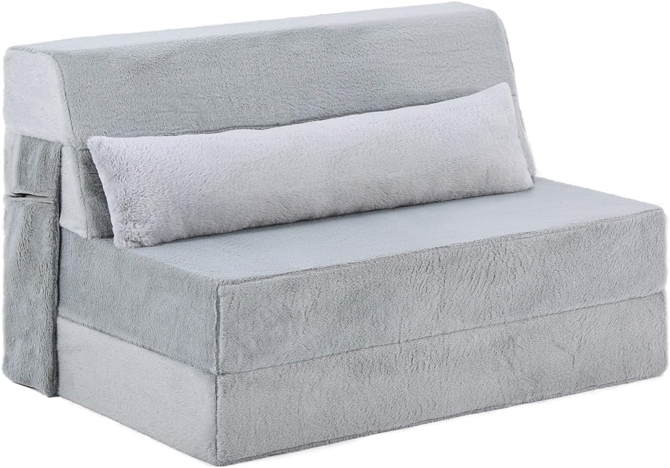 Light gray folding sofa bed in chair position with lumbar cushion