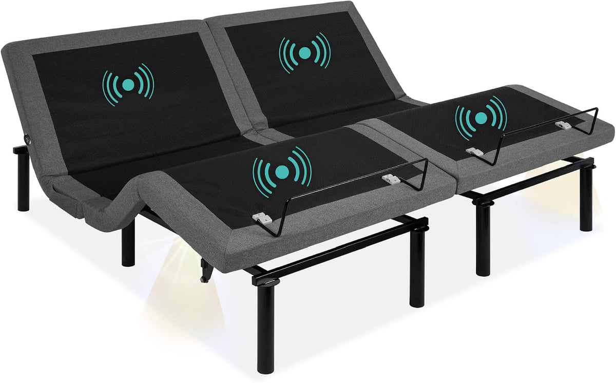 Grey adjustable split bed base angled front view with head and foot raised and mattress retainer bars