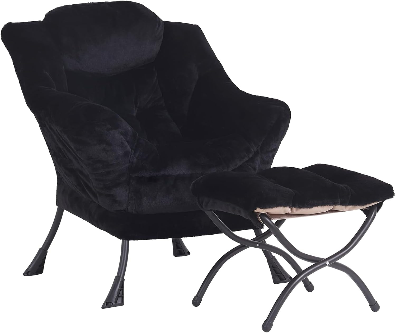 Black plush lounge chair with cushioned foldable ottoman, shown on a white background