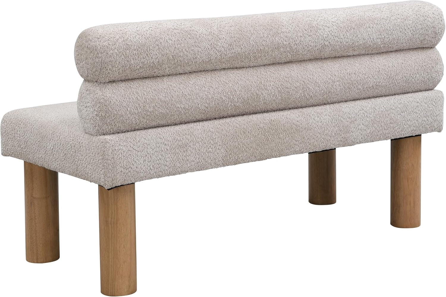 Three-quarter rear angle of the light-gray bench showing textured upholstery and four round natural wood legs