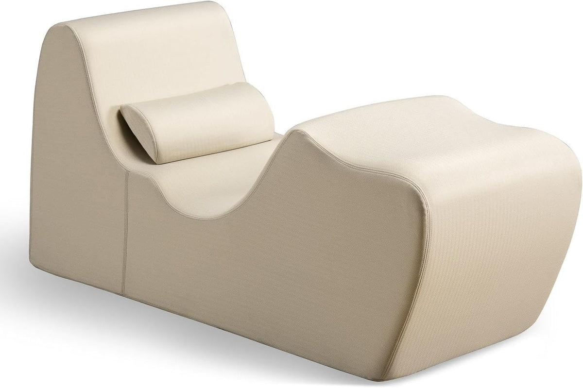 Oatmeal zero-gravity chaise lounger side angle on a white background studio photo showing the lumbar pillow